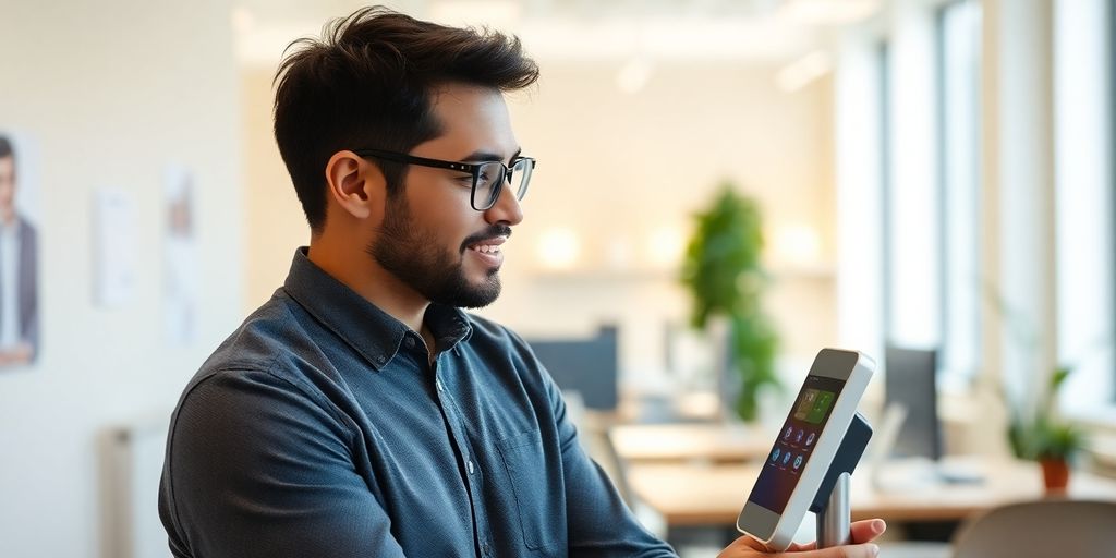 Small business owner using AI technology in office.