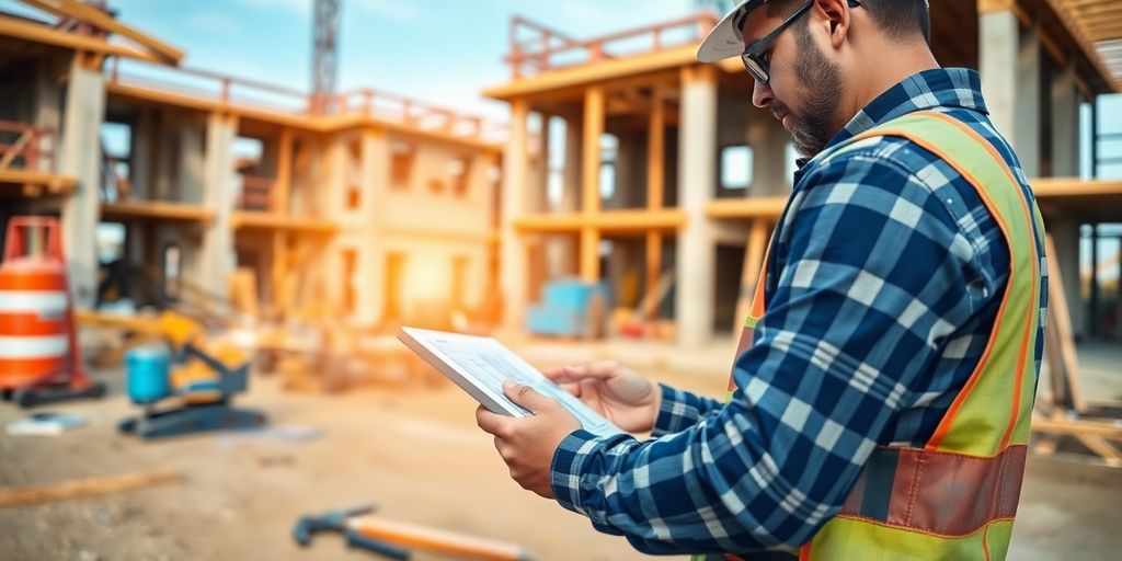 Contractor with AI tablet on a busy construction site.