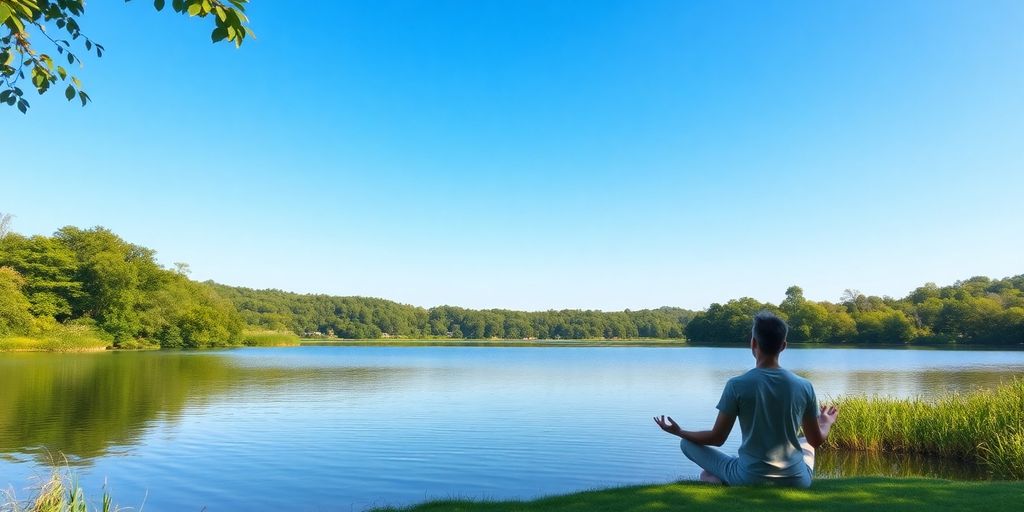 A person meditating by a peaceful lake.