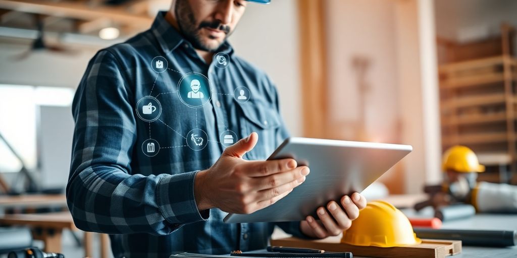 Contractor with tablet and tools in a modern workspace.