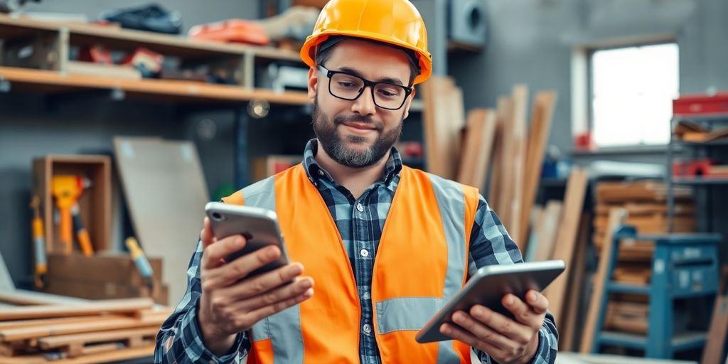 Contractor on phone amidst construction tools and materials.