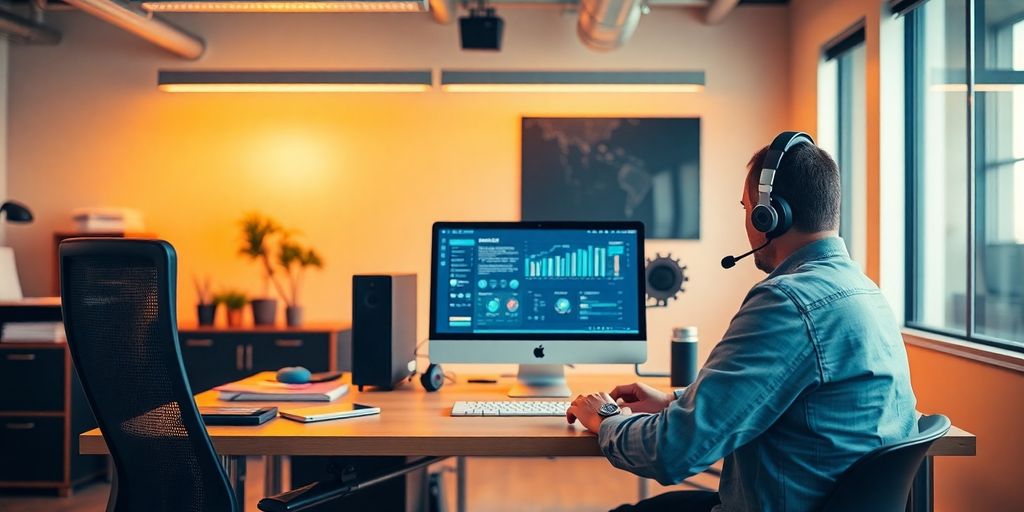 Contractor setting up AI answering service at modern desk.
