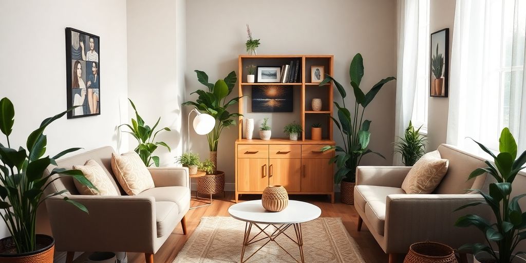 Serene therapist's office with calming decor and lighting.