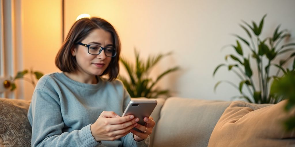 Person talking to AI chatbot on smartphone in cozy setting.