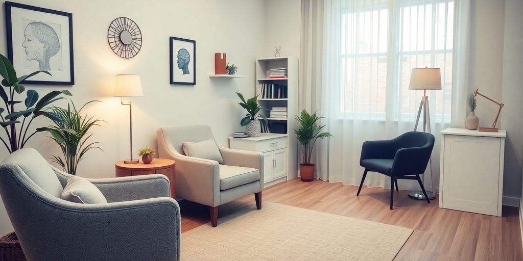 Therapist's office with calming decor and soft lighting.