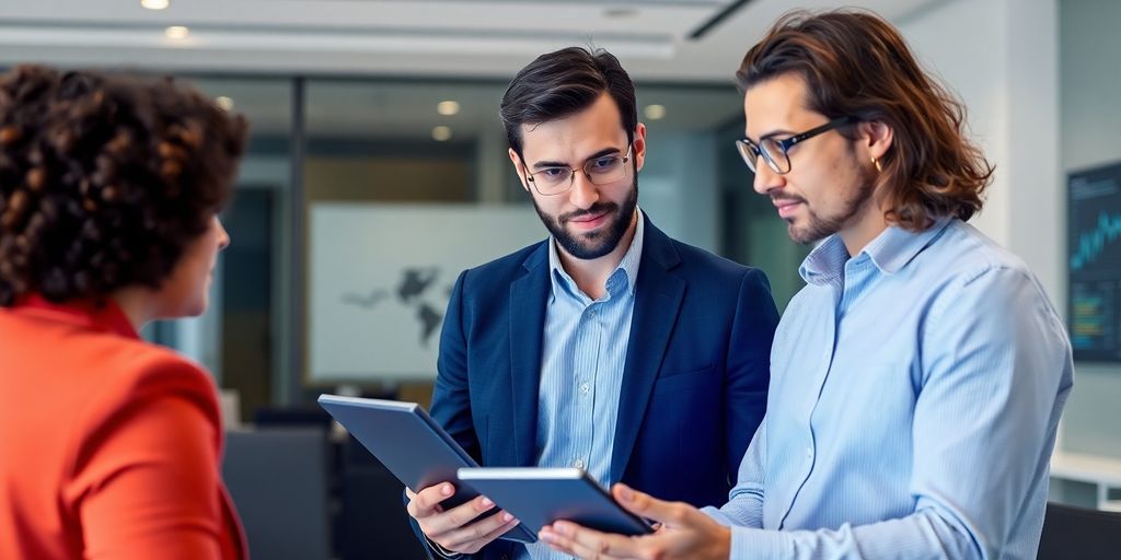 Consultant and client collaborating in a modern office.