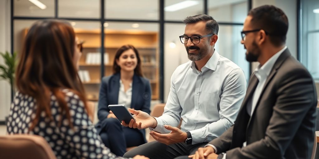 Consultant interacting with clients using AI technology.