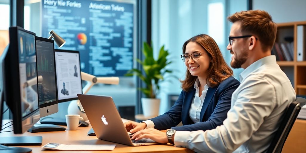 Consultant using AI technology in a modern office.