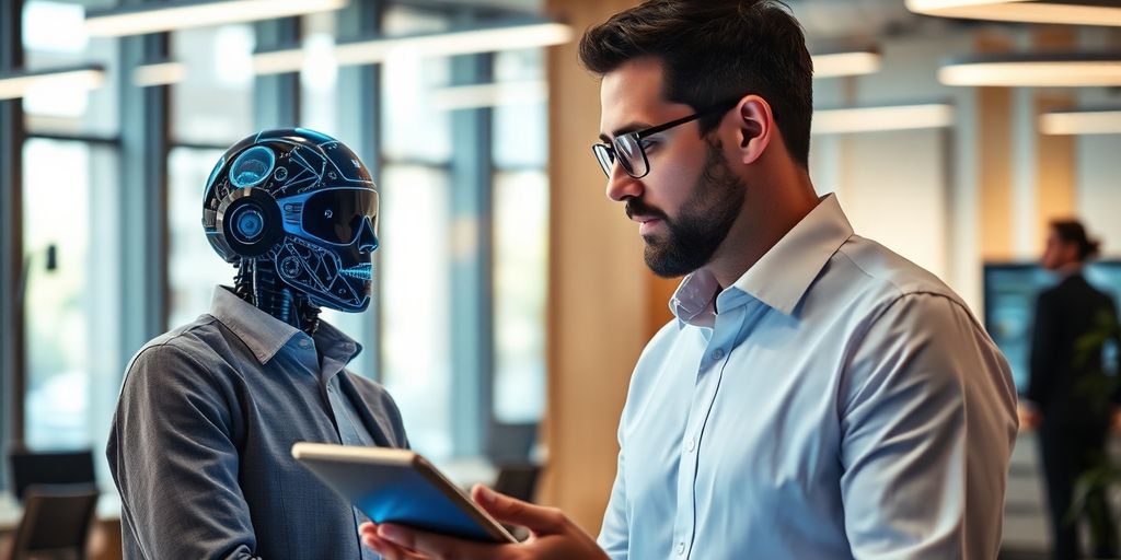 Consultant discussing with AI technology in modern office.