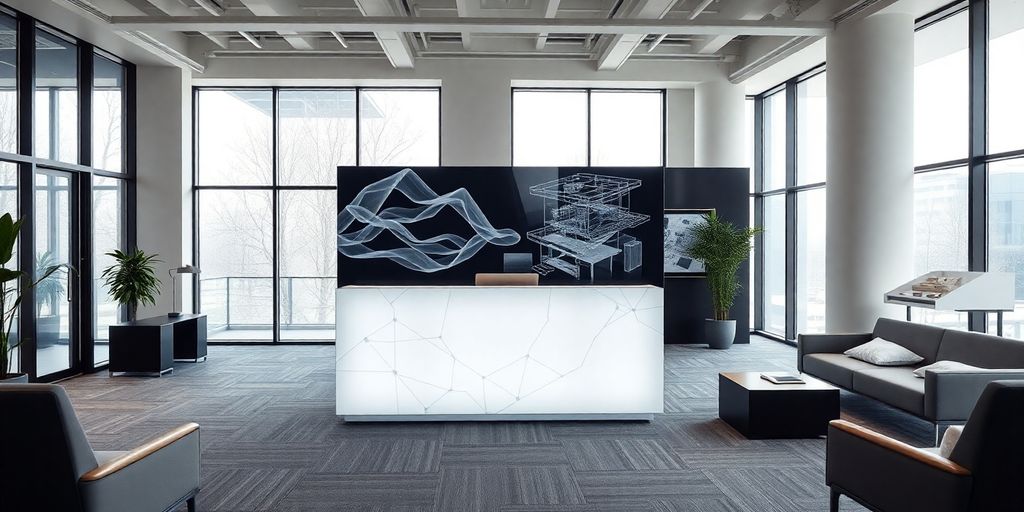 Modern office with AI receptionist and architectural models.