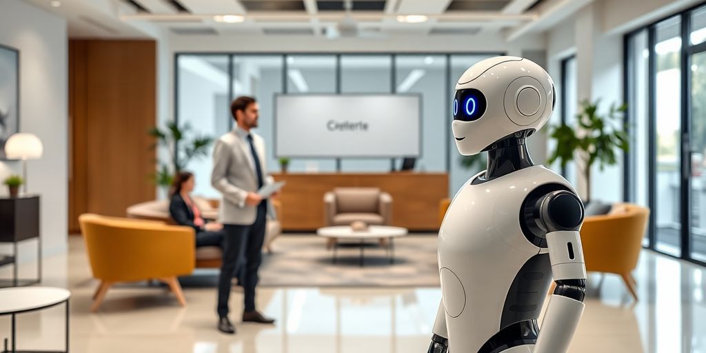 AI receptionist robot in a modern office.