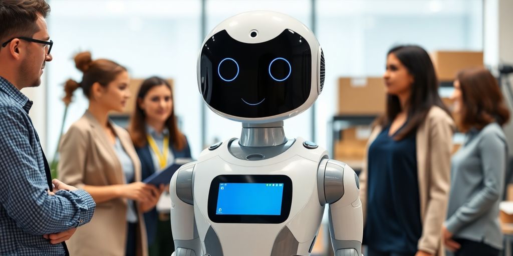 AI receptionist robot in a logistics office environment.