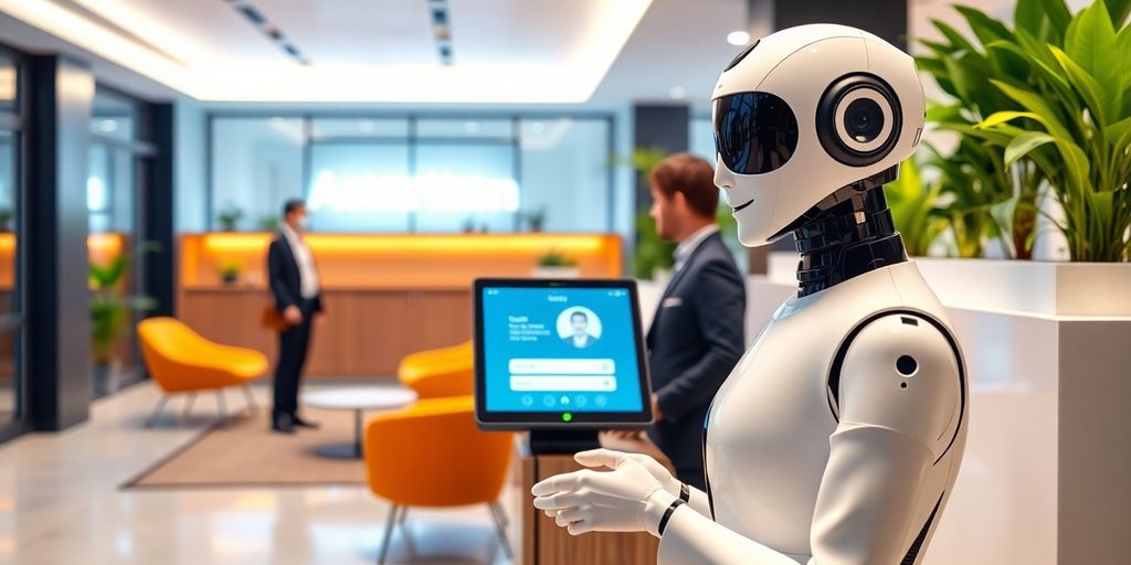 AI receptionist engaging with visitors in a modern office.