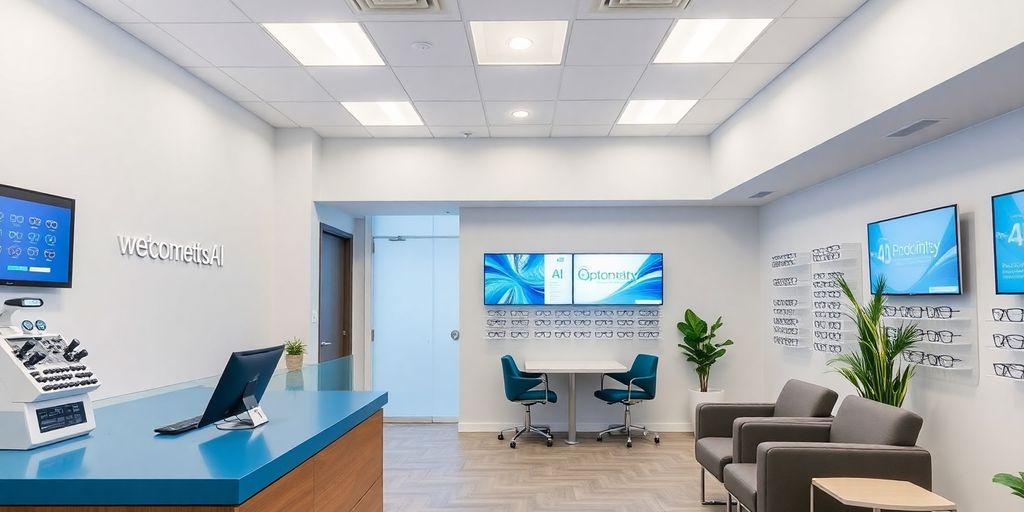 AI receptionist in a modern optometry office setting.