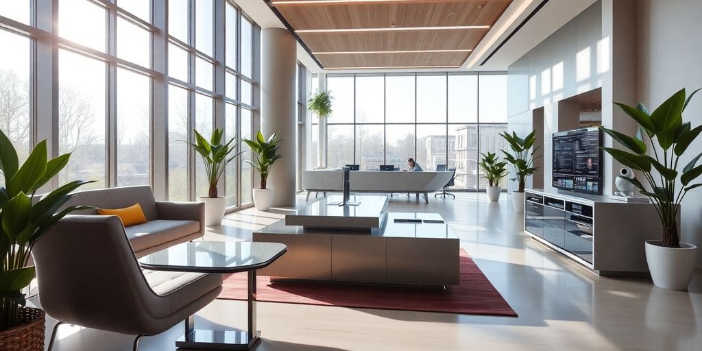 Futuristic AI receptionist in a modern office setting.