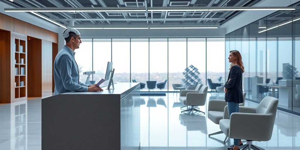 AI receptionist in a modern architectural firm office.