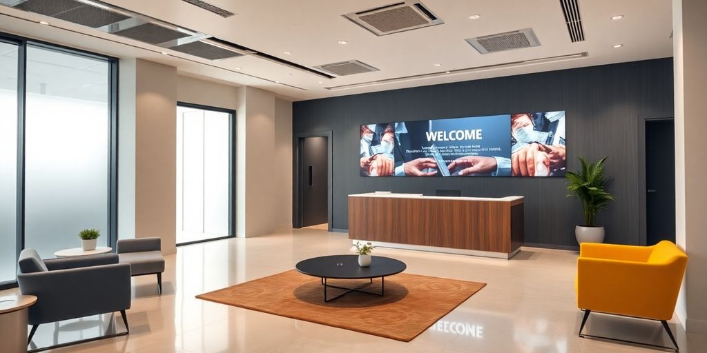 Modern office reception with AI interface and sleek design.