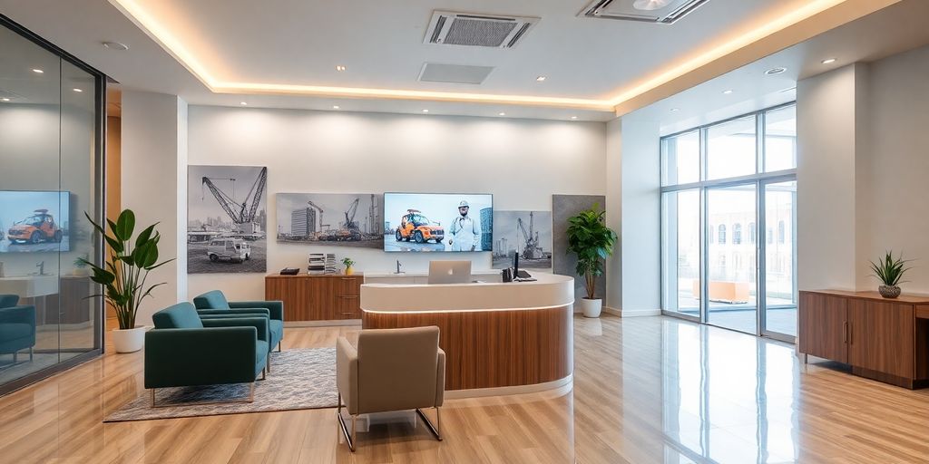 Modern office reception with AI technology for construction.