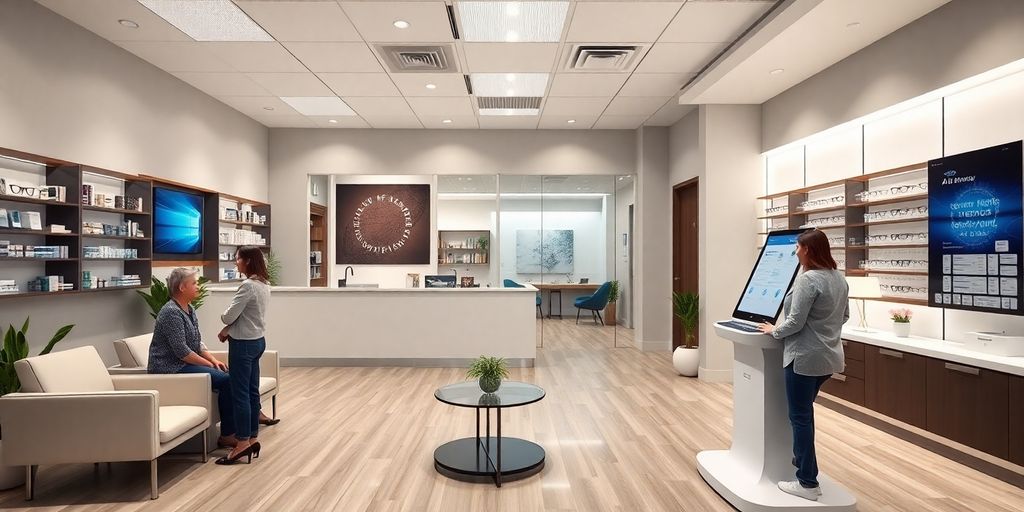 AI receptionist in optometry clinic reception area.