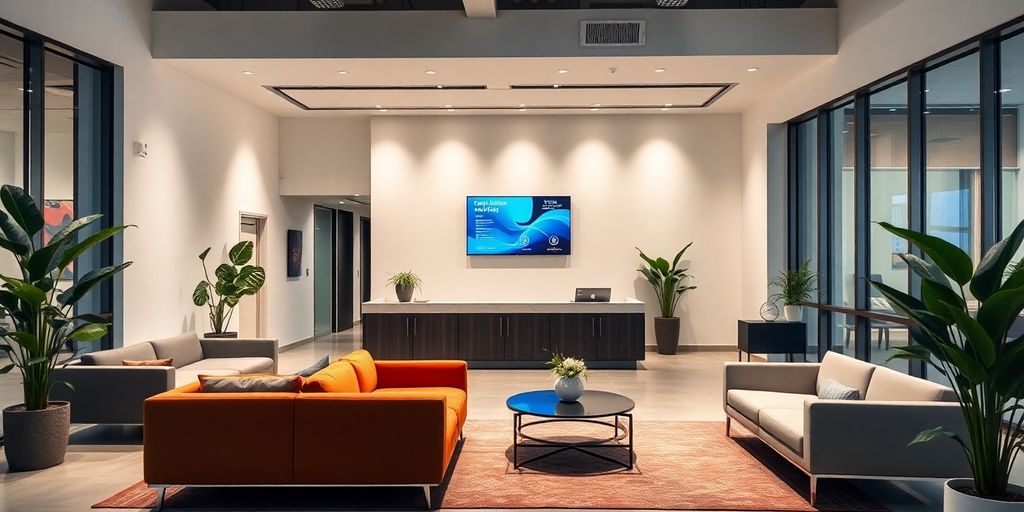 Modern office reception with digital interface and plants.