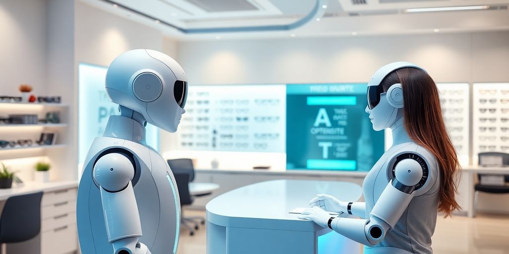 AI robot receptionist in a bright optometry office.