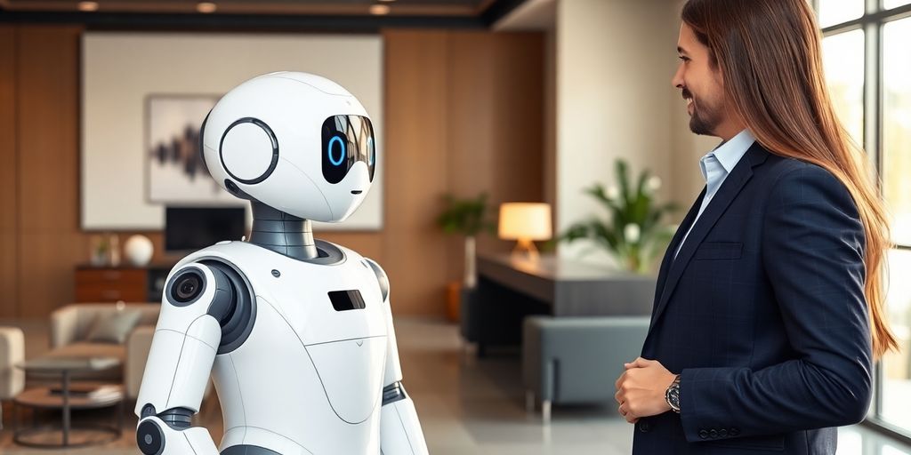 AI receptionist interacting with a visitor in an office.