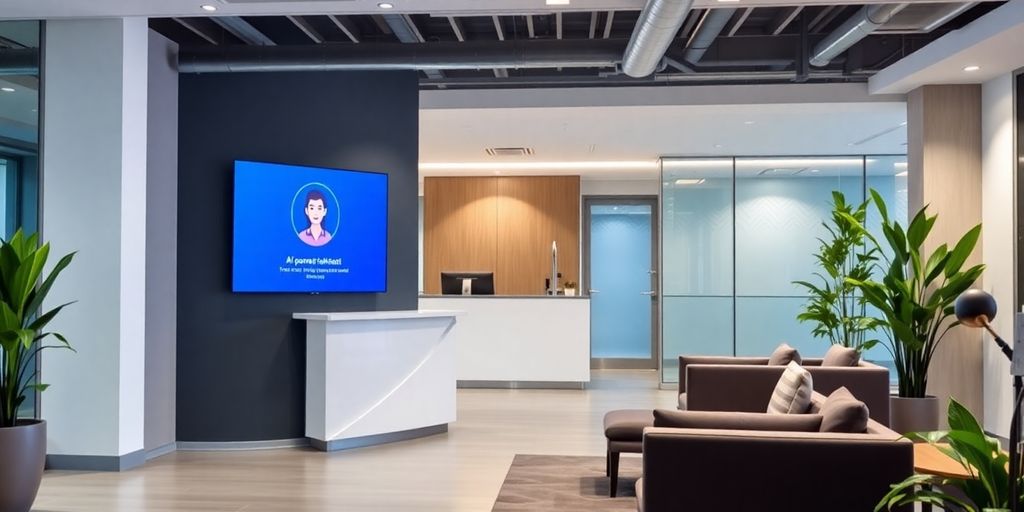 Modern AI receptionist in a stylish property management office.