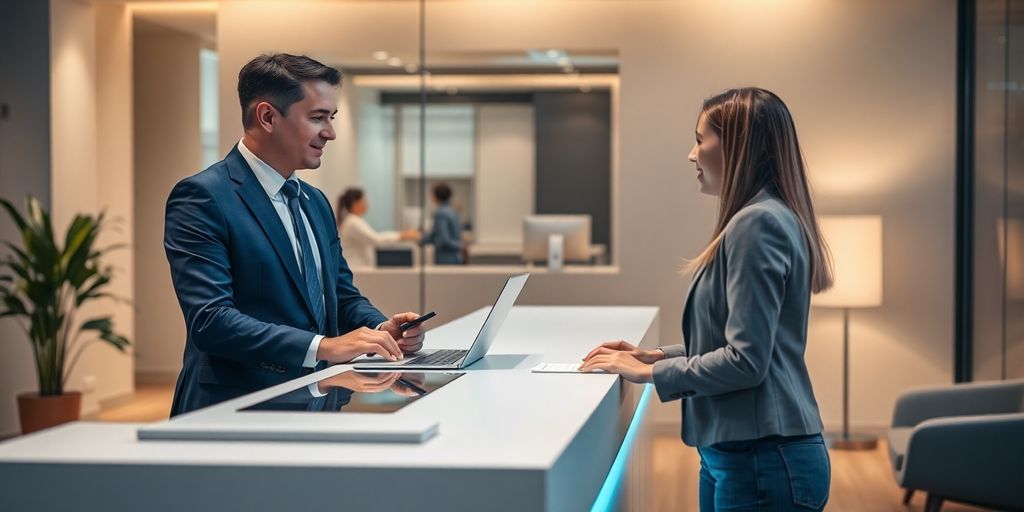 AI receptionist engaging with clients in an office.