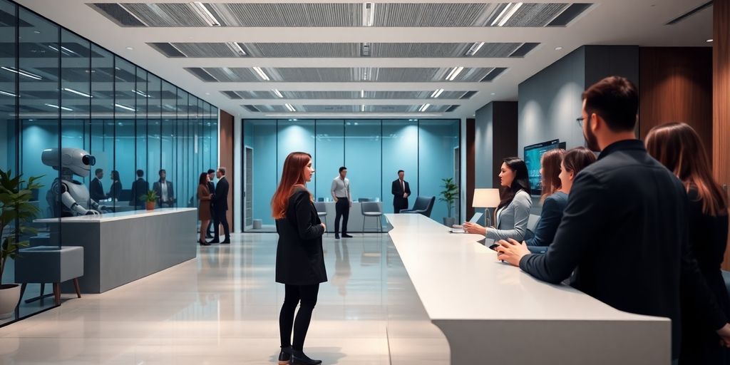 AI receptionist in a modern office reception area.