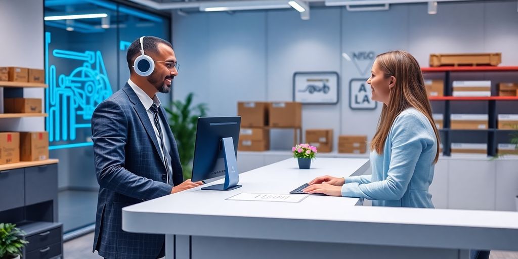 AI receptionist in a logistics office setting.