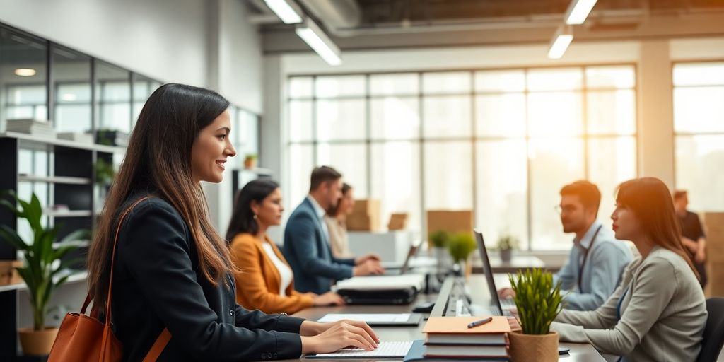 AI receptionist in a logistics office interacting with staff.