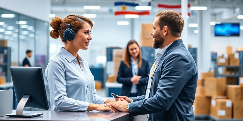 AI receptionist in a logistics office with packages.