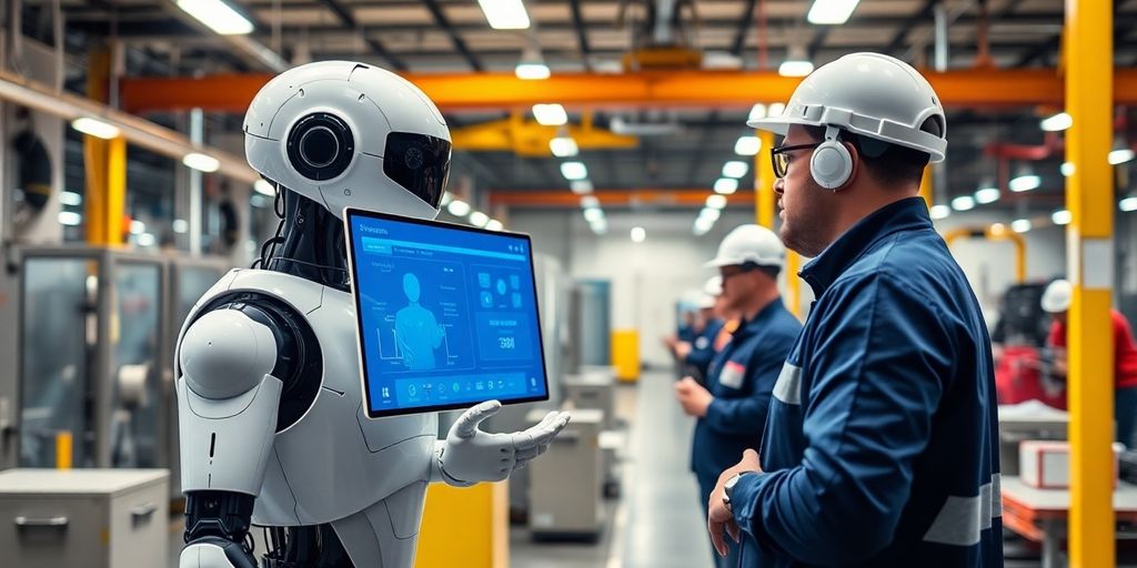 AI receptionist robot in a manufacturing environment.