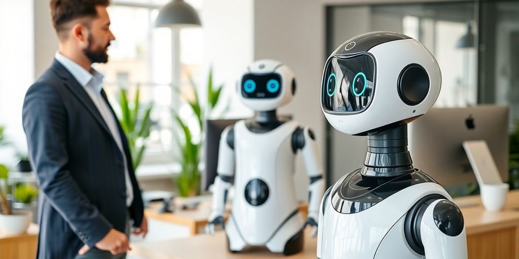 AI receptionist robot in a modern office setting.
