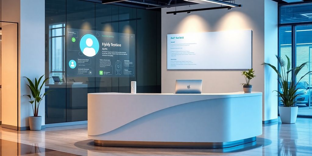 Modern AI receptionist in a stylish office environment.