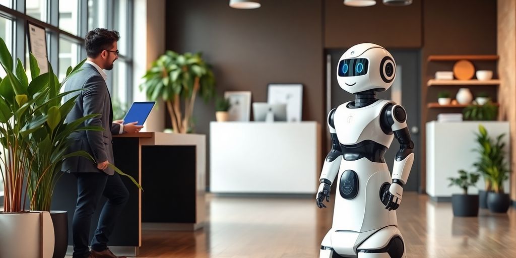 AI receptionist robot in a modern office setting.