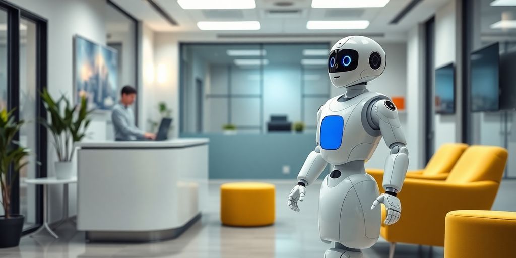 AI receptionist robot assisting a small business owner.