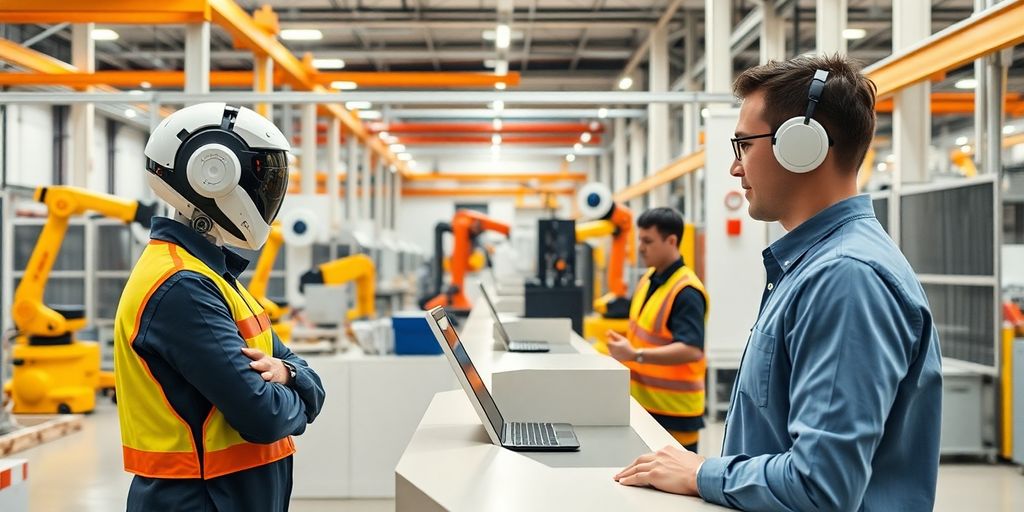 AI receptionist in a manufacturing environment with robots.