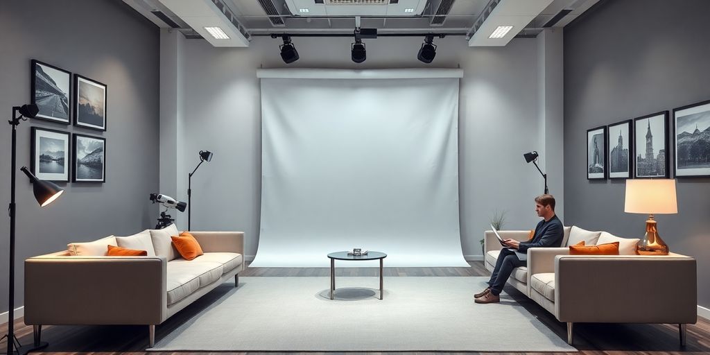 Modern photography studio with AI receptionist and elegant decor.