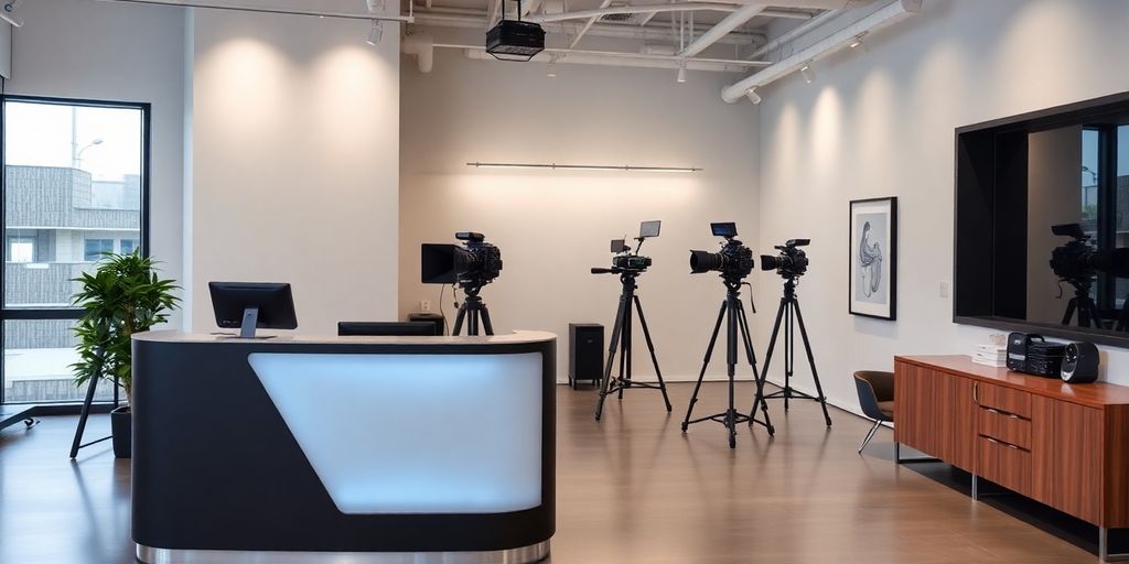 Modern photography studio with AI receptionist at the front desk.