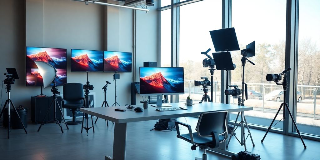 Modern AI workstation in a photography studio setting.