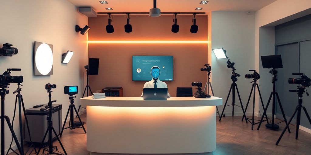 AI receptionist in a vibrant photography studio setting.