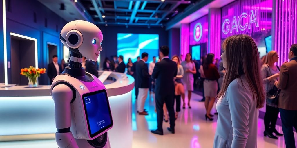 AI receptionist interacting with guests at a lively event.