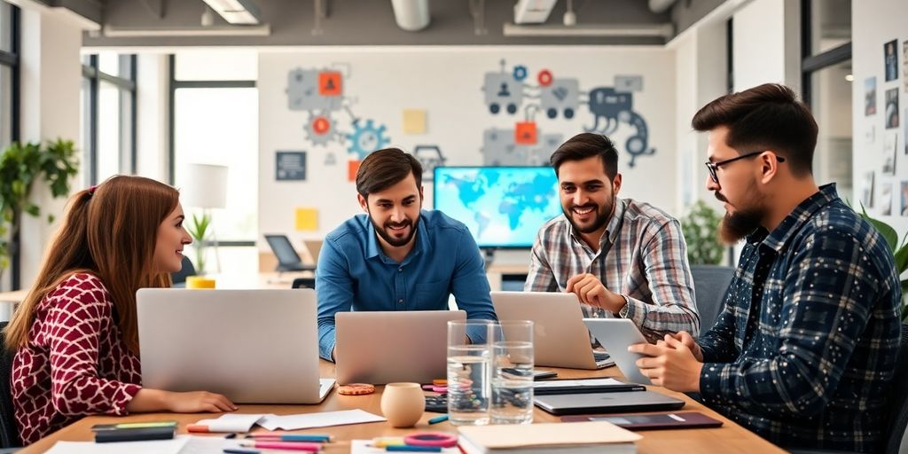 Marketing team collaborating on AI strategies in an office.