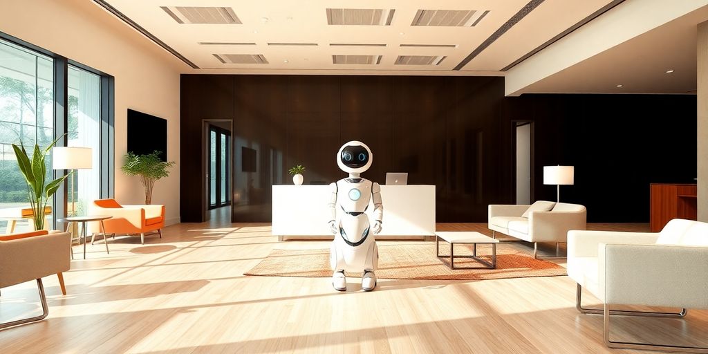 AI receptionist in a bright, modern financial office.