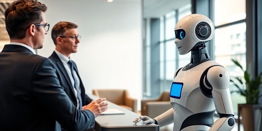 Humanoid robot receptionist in a modern office.