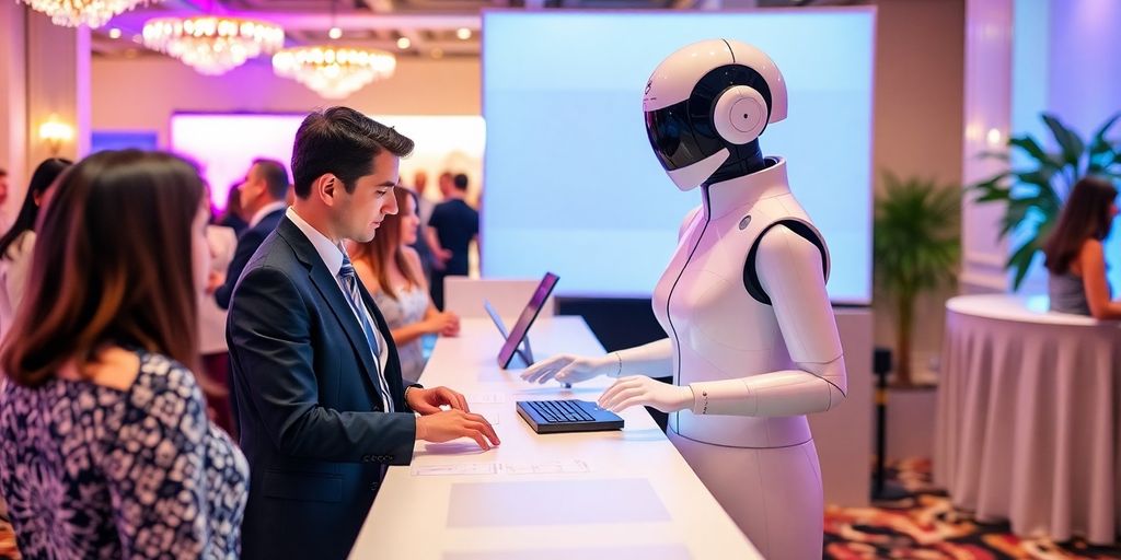 AI receptionist assisting in a lively event planning setting.