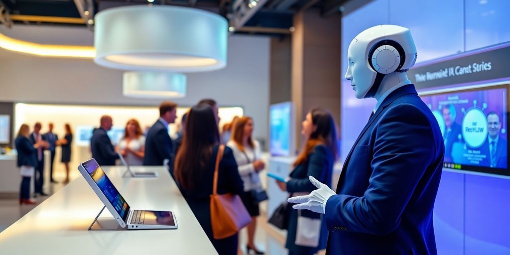 AI receptionist interacting with event attendees in a venue.