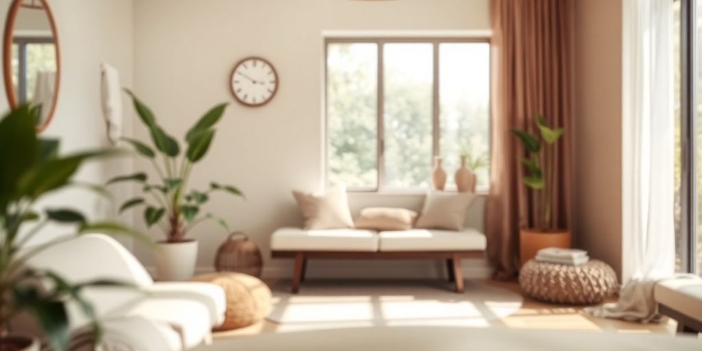 Tranquil wellness space with calming colors and natural light.