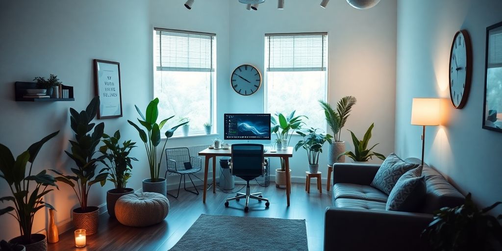 Wellness studio with calming decor and modern office setup.